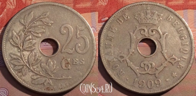 Бельгия 25 сантимов 1909 года, BELGIQUE, KM# 62, 118c-032