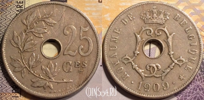 Бельгия 25 сантимов 1909 года, KM# 62, 138-030