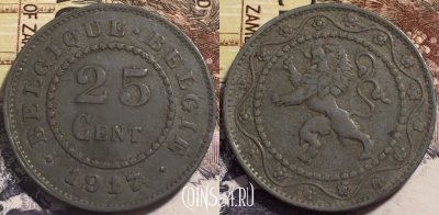 Бельгия 25 сантимов 1917 года,  KM# 82, 238-091