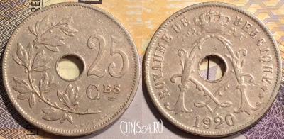 Бельгия 25 сантимов 1920 года, KM# 68, 138-028