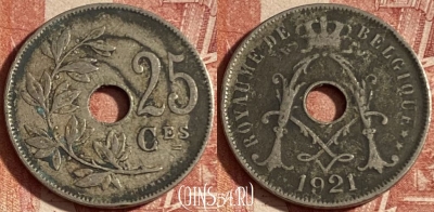 Бельгия 25 сантимов 1921 г., BELGIQUE, KM# 68, 240p-060