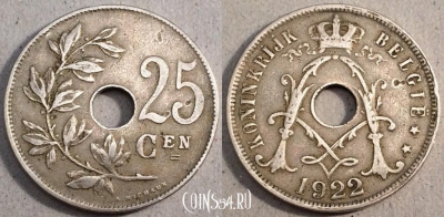 Бельгия 25 сантимов 1922 года, BELGIË, 82-036b