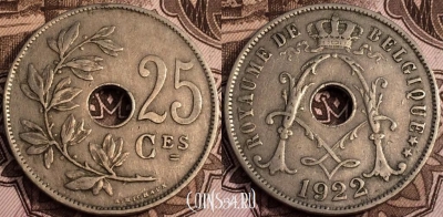 Бельгия 25 сантимов 1922 года, BELGIQUE, 64-049a