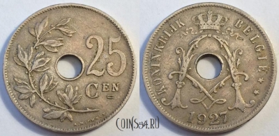 Бельгия 25 сантимов 1927 года, BELGIË, KM# 69, 82-011a