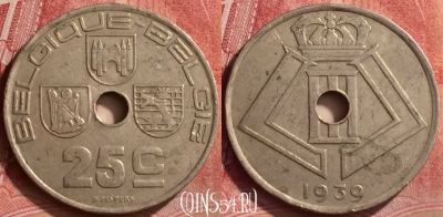Бельгия 25 сантимов 1939 года, Q - E, KM# 114, 052l-135