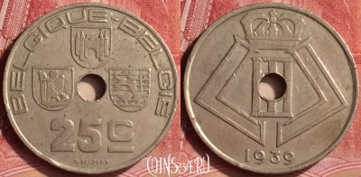 Бельгия 25 сантимов 1939 года, Q - E, KM# 114, 295l-018