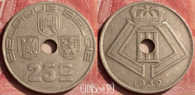 Бельгия 25 сантимов 1939 года, Q - E, KM# 114, 357l-123