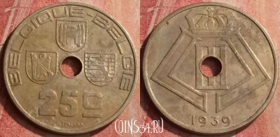 Бельгия 25 сантимов 1939 года, Q - E, KM# 114, 427-107