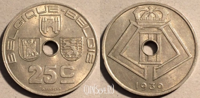 Бельгия 25 сантимов 1939 года, KM# 114, 111-032