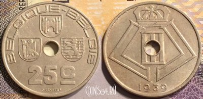 Бельгия 25 сантимов 1939 года, KM# 114, 142-092