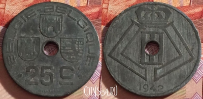 Бельгия 25 сантимов 1942 года, KM# 132, 096b-103