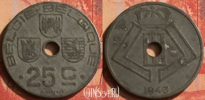 Бельгия 25 сантимов 1943 года, E - Q, KM# 132, 042n-149