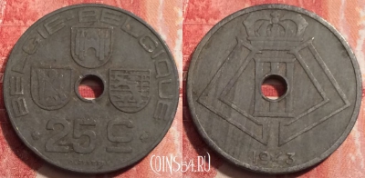 Бельгия 25 сантимов 1943 года, KM# 132, 252-043