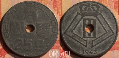 Бельгия 25 сантимов 1943 года, E - Q, KM# 132, 309n-086