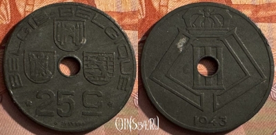 Бельгия 25 сантимов 1943 г., E - Q, KM# 132, s395s-018