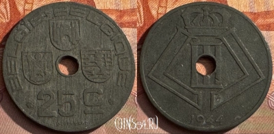 Бельгия 25 сантимов 1944 г., E - Q, KM# 132, s394s-111