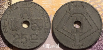 Бельгия 25 сантимов 1944 года, KM# 132, 142-025
