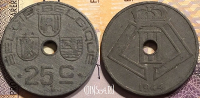 Бельгия 25 сантимов 1944 года, KM# 132, 142-026