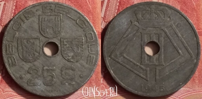 Бельгия 25 сантимов 1945 года, E - Q, KM# 132, 294l-056