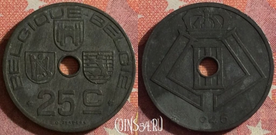 Бельгия 25 сантимов 1946 года, Q - E, KM# 136, 352-107