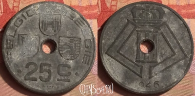 Бельгия 25 сантимов 1946 года, Q - E, KM# 131, 431-106