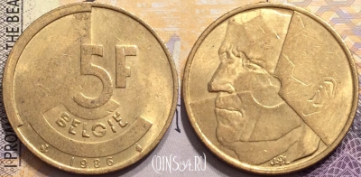 Бельгия 5 франков 1986 года, BELGIE, KM# 164,