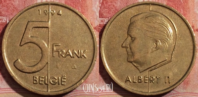 Бельгия 5 франков 1994 года, BELGIE, KM# 190, 214-039