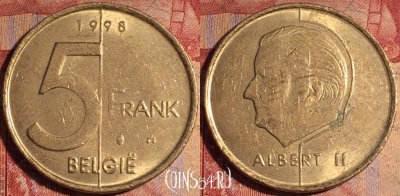 Бельгия 5 франков 1998 года, 'BELGIE', KM# 190, 163a-090
