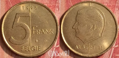 Бельгия 5 франков 1998 года, BELGIE, KM# 190, 338n-085