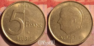 Бельгия 5 франков 1998 года, BELGIE, KM# 190, 419-080