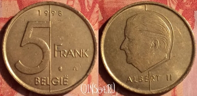 Бельгия 5 франков 1998 года, BELGIE, KM# 190, 436-079