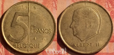 Бельгия 5 франков 1998 года, BELGIQUE, KM# 189, 048n-186