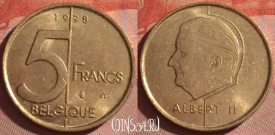 Бельгия 5 франков 1998 года, BELGIQUE, KM# 189, 050i-010