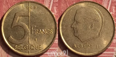 Бельгия 5 франков 1998 года, BELGIQUE, KM# 189, 051n-038