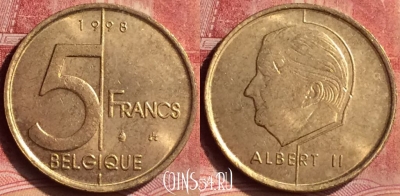 Бельгия 5 франков 1998 г., BELGIQUE, KM# 189, 085m-122