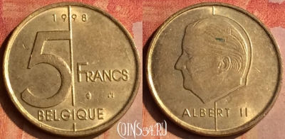 Бельгия 5 франков 1998 года, BELGIQUE, KM# 189, 158n-122