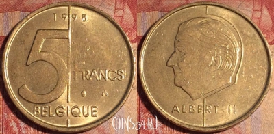 Бельгия 5 франков 1998 года, BELGIQUE, KM# 189, 163a-105