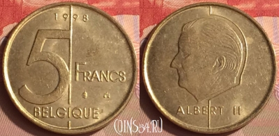 Бельгия 5 франков 1998 года, BELGIQUE, KM# 189, 430-033