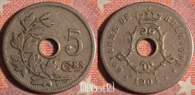 Бельгия 5 сантимов 1904 года, BELGIQUE, KM# 54, 372-022