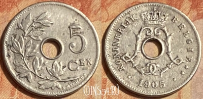 Бельгия 5 сантимов 1905 года, BELGIE, KM# 55, 462q-384
