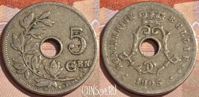 Бельгия 5 сантимов 1905 года, BELGIE, KM# 55, 480р-060