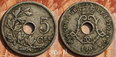 Бельгия 5 сантимов 1905 года, BELGIQUE, KM# 54, 277s-029