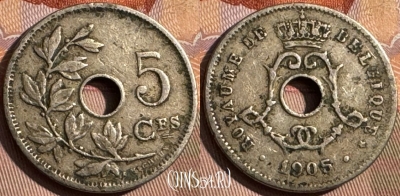 Бельгия 5 сантимов 1905 года, BELGIQUE, KM# 54, 379s-075