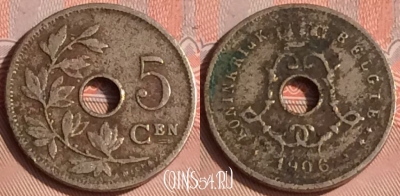 Бельгия 5 сантимов 1906 года, BELGIE, KM# 55, 309o-017