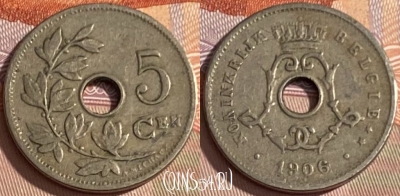 Бельгия 5 сантимов 1906 года, BELGIE, KM# 55, 369p-132