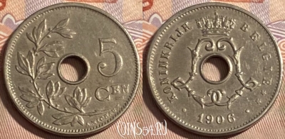 Бельгия 5 сантимов 1906 года, BELGIE, KM# 55, 497р-049 ♛