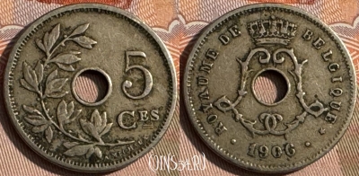 Бельгия 5 сантимов 1906 года, BELGIQUE, KM# 54, 138s-048