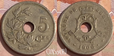 Бельгия 5 сантимов 1906 г., BELGIQUE, KM# 54, 339p-099 ♛