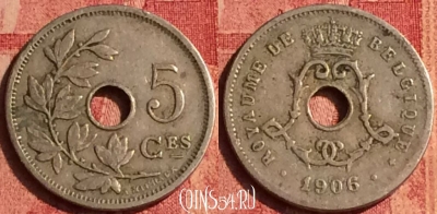 Бельгия 5 сантимов 1906 года, BELGIQUE, KM# 54, 385o-082