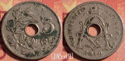 Бельгия 5 сантимов 1910 года, 'BELGIE', KM# 67, 178j-009
